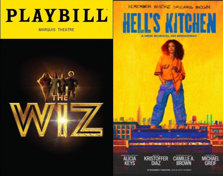 the wiz playbill alongside hells kitchen playbill, a girl stands again yellow city skyline 